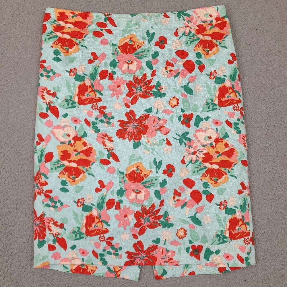 J Crew Pencil Skirt Women 6 Blue Multicolor Floral Print Cotton Woven Split Back